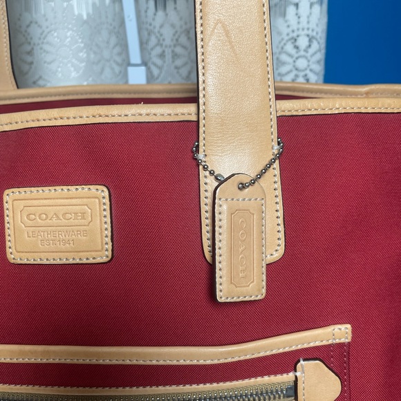 Coach Hamptons Red Canvas Vacchetta Tan Leather Trim/ Tote or Baby Tote - Picture 5 of 17